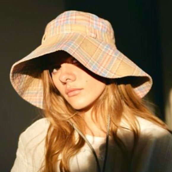 Urban Outfitters Plaid Bucket Sun Hat Drawstring Chin Strap Pastel OS NEW - Picture 3 of 7